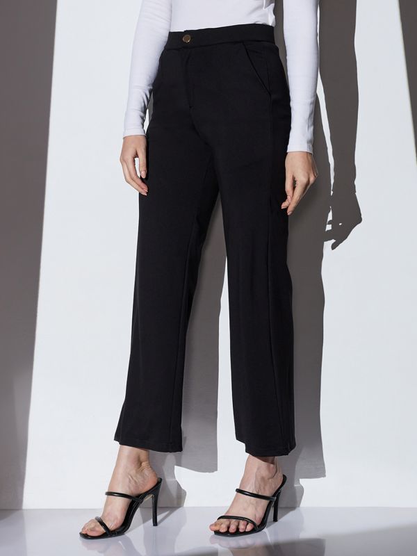 Globus Women Black Mid-Rise Solid Wide Leg Formal Trousers