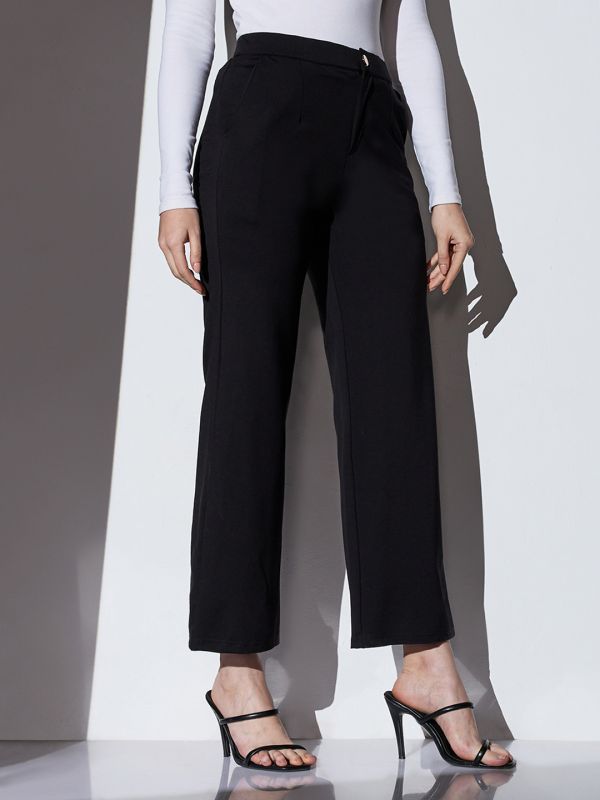 Globus Women Black Mid-Rise Solid Wide Leg Formal Trousers