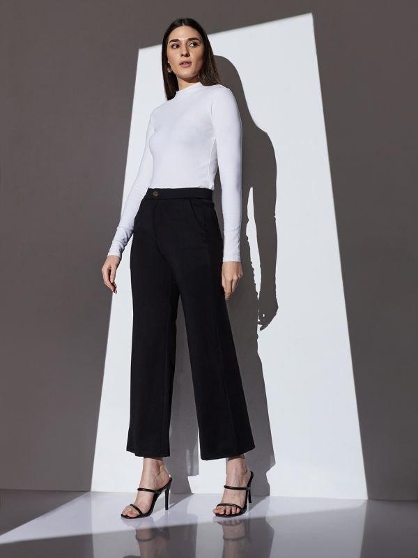 Globus Women Black Mid-Rise Solid Wide Leg Formal Trousers