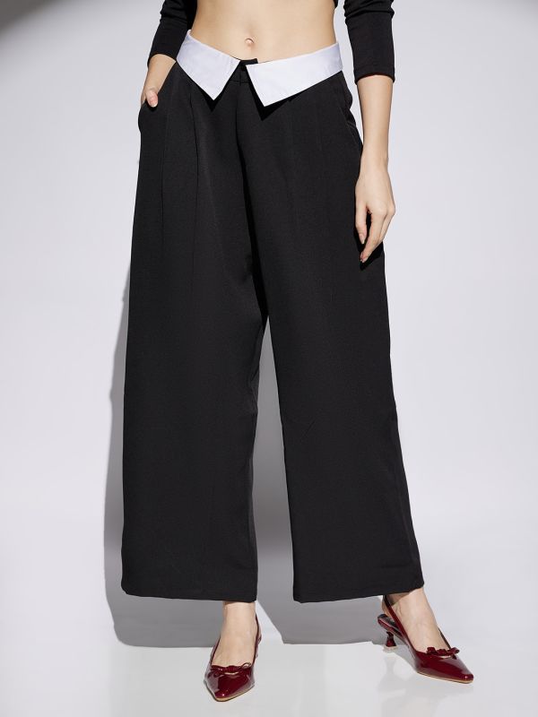 Globus Women Black Solid Mid Rise Stretchable Wide Leg Korean Trousers