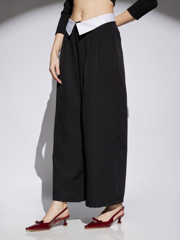 Globus Women Black Solid Mid Rise Stretchable Wide Leg Korean Trousers