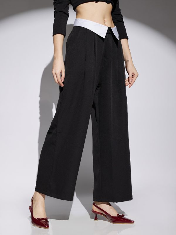 Globus Women Black Solid Mid Rise Stretchable Wide Leg Korean Trousers