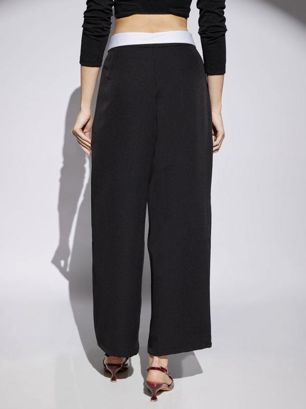 Globus Women Black Solid Mid Rise Stretchable Wide Leg Korean Trousers