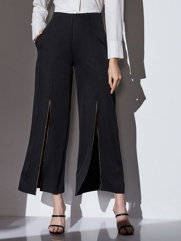 Globus Women Black Mid-Rise Shimmer Front Slit Wide Leg Party Trousers
