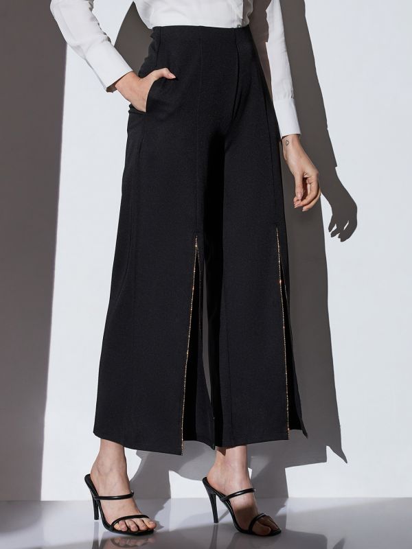 Globus Women Black Mid-Rise Shimmer Front Slit Wide Leg Party Trousers
