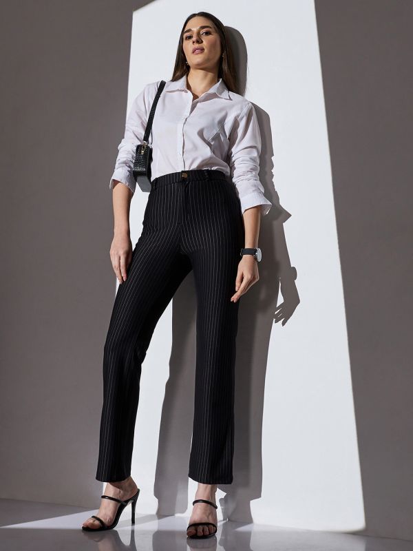 Globus Women Black Mid-Rise Striped Straight Fit Wide Leg Formal Trousers