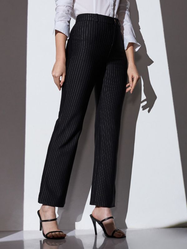 Globus Women Black Mid-Rise Striped Straight Fit Wide Leg Formal Trousers