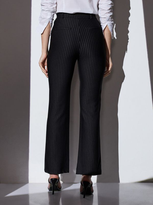 Globus Women Black Mid-Rise Striped Straight Fit Wide Leg Formal Trousers