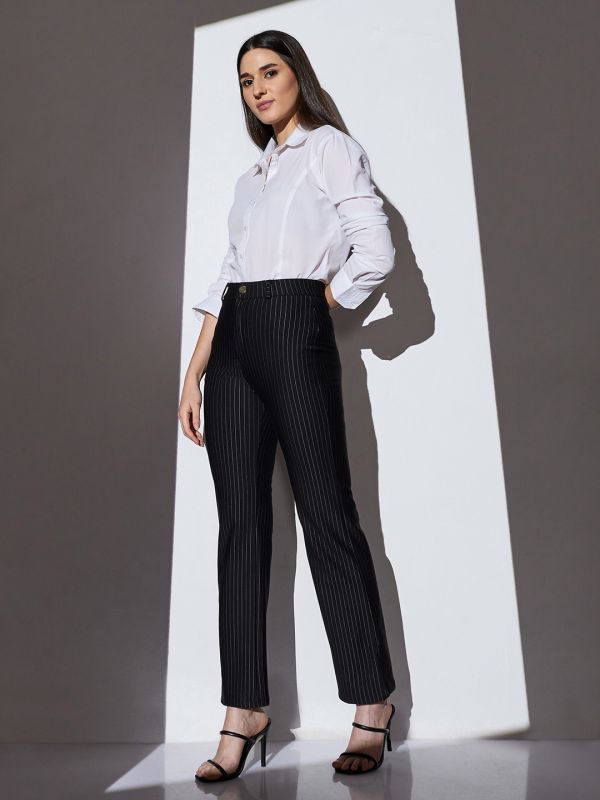 Globus Women Black Mid-Rise Striped Straight Fit Wide Leg Formal Trousers