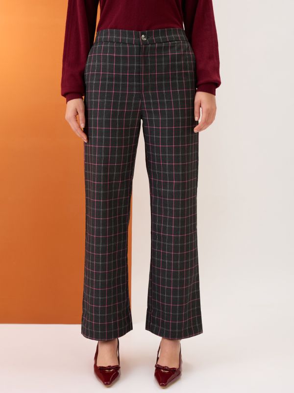 Globus Women Black Checkered Mid-Rise Elasticated Back Straight Fit Formal Trousers