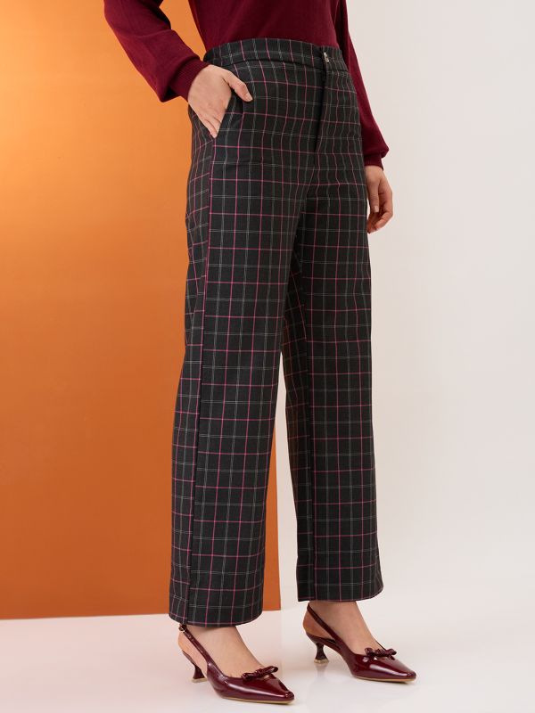 Globus Women Black Checkered Mid-Rise Elasticated Back Straight Fit Formal Trousers