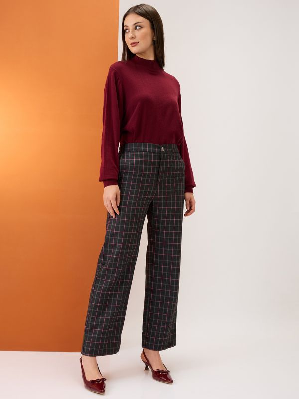Globus Women Black Checkered Mid-Rise Elasticated Back Straight Fit Formal Trousers