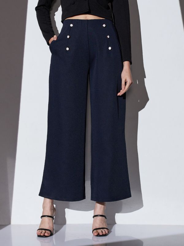 Globus Women Navy Mid-Rise Solid Button Detail Wide Leg Trousers