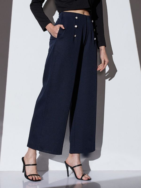 Globus Women Navy Mid-Rise Solid Button Detail Wide Leg Trousers