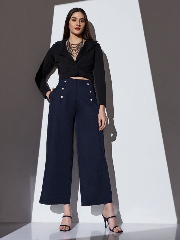 Globus Women Navy Mid-Rise Solid Button Detail Wide Leg Trousers