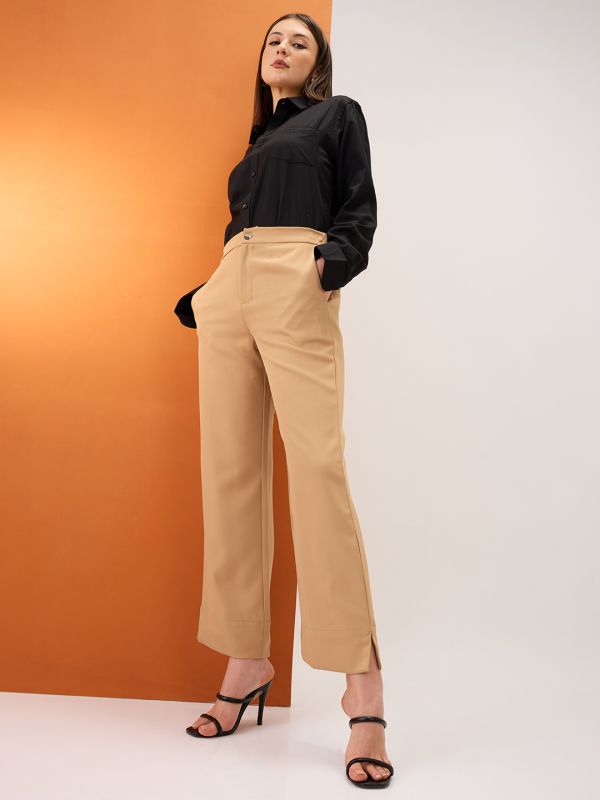 Globus Women Khaki Solid Mid-Rise Bottom Hem Slits Relaxed Fit Formal Trousers