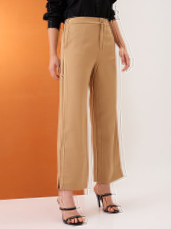 Globus Women Khaki Solid Mid-Rise Bottom Hem Slits Relaxed Fit Formal Trousers