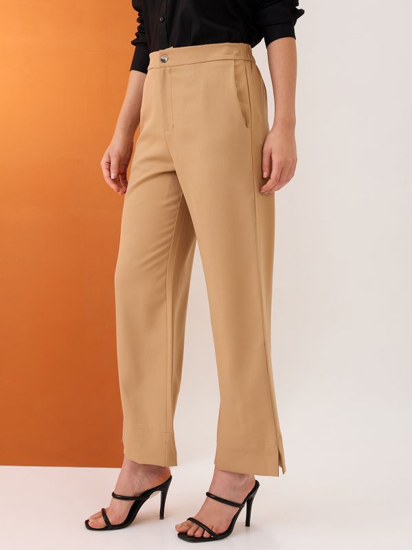 Globus Women Khaki Solid Mid-Rise Bottom Hem Slits Relaxed Fit Formal Trousers