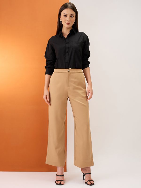 Globus Women Khaki Solid Mid-Rise Bottom Hem Slits Relaxed Fit Formal Trousers