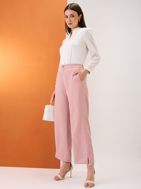 Globus Women Blush Pink Solid Mid-Rise Bottom Hem Slits Relaxed Fit Formal Trousers
