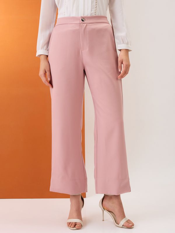 Globus Women Blush Pink Solid Mid-Rise Bottom Hem Slits Relaxed Fit Formal Trousers