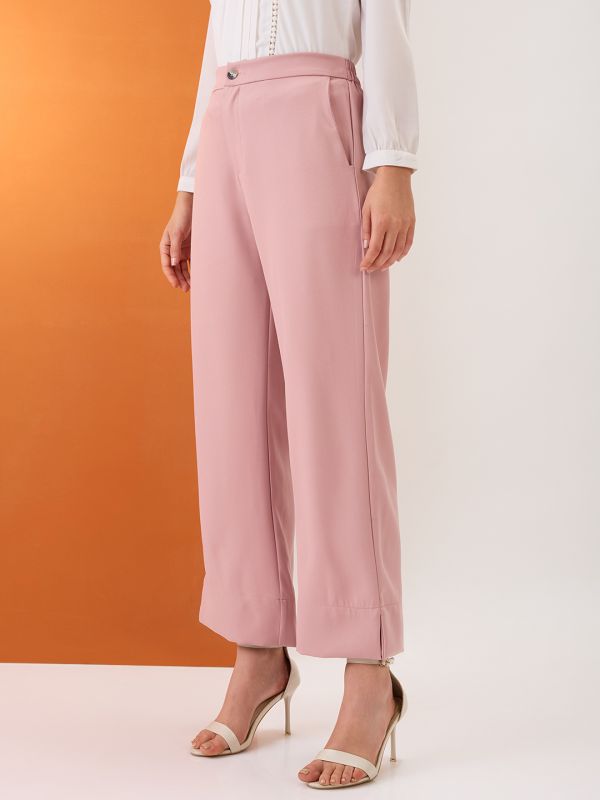 Globus Women Blush Pink Solid Mid-Rise Bottom Hem Slits Relaxed Fit Formal Trousers