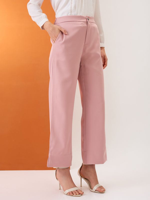 Globus Women Blush Pink Solid Mid-Rise Bottom Hem Slits Relaxed Fit Formal Trousers