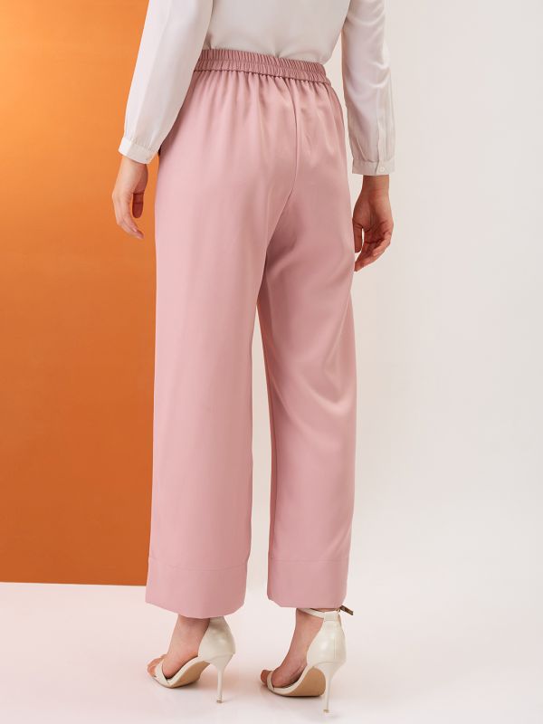 Globus Women Blush Pink Solid Mid-Rise Bottom Hem Slits Relaxed Fit Formal Trousers