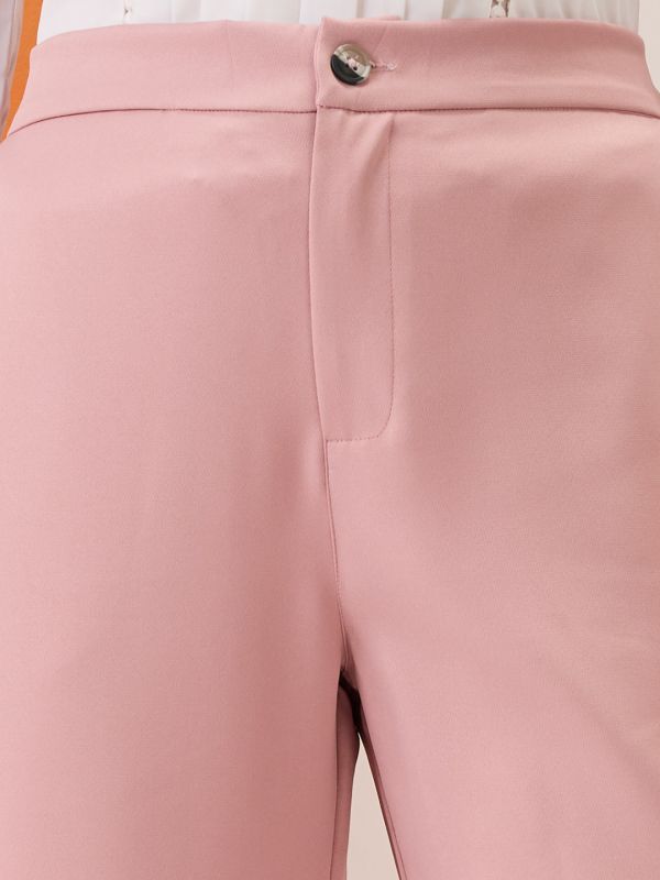 Globus Women Blush Pink Solid Mid-Rise Bottom Hem Slits Relaxed Fit Formal Trousers