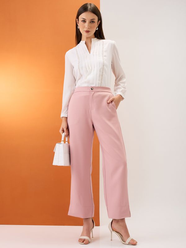 Globus Women Blush Pink Solid Mid-Rise Bottom Hem Slits Relaxed Fit Formal Trousers