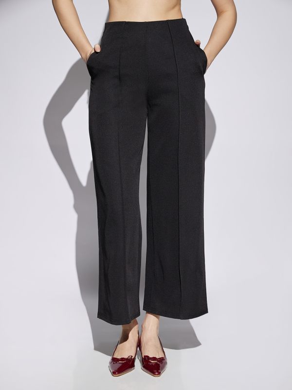 Globus Women Black Solid Mid Rise Stretchable Wide Leg Cropped Formal Trousers