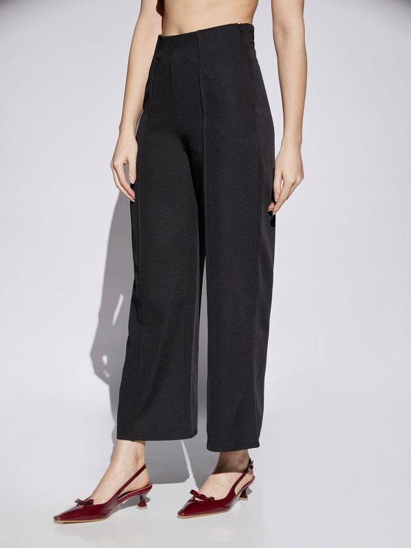 Globus Women Black Solid Mid Rise Stretchable Wide Leg Cropped Formal Trousers