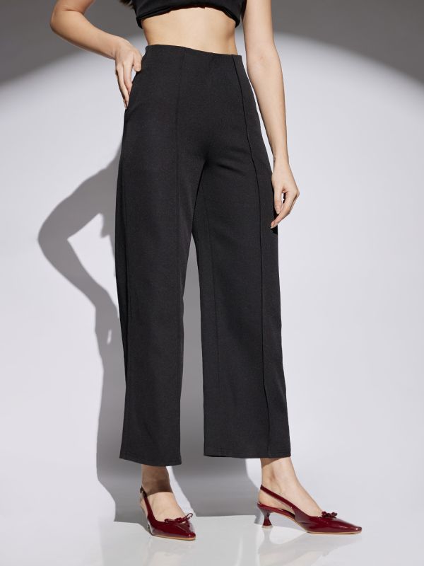 Globus Women Black Solid Mid Rise Stretchable Wide Leg Cropped Formal Trousers