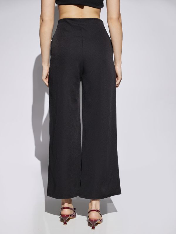 Globus Women Black Solid Mid Rise Stretchable Wide Leg Cropped Formal Trousers