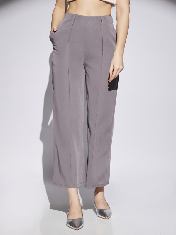 Globus Women Grey Solid Mid Rise Stretchable Wide Leg Cropped Formal Trousers