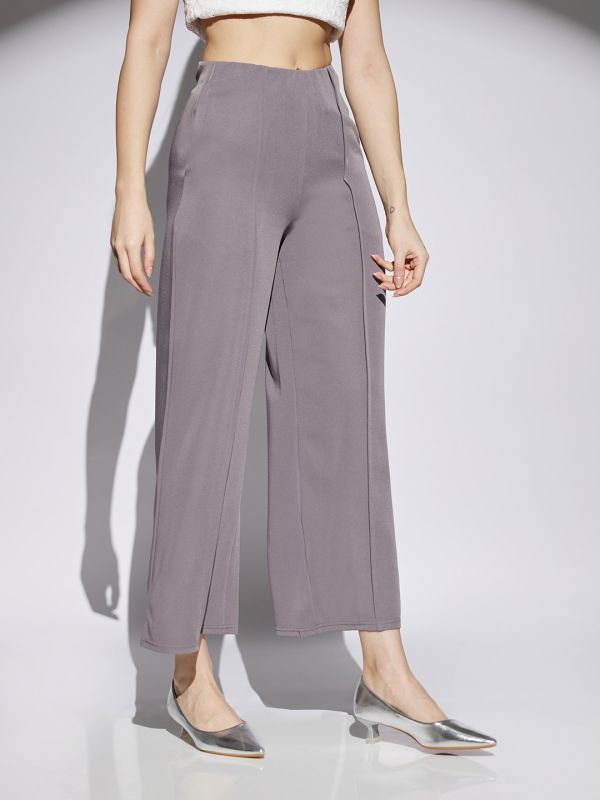 Globus Women Grey Solid Mid Rise Stretchable Wide Leg Cropped Formal Trousers
