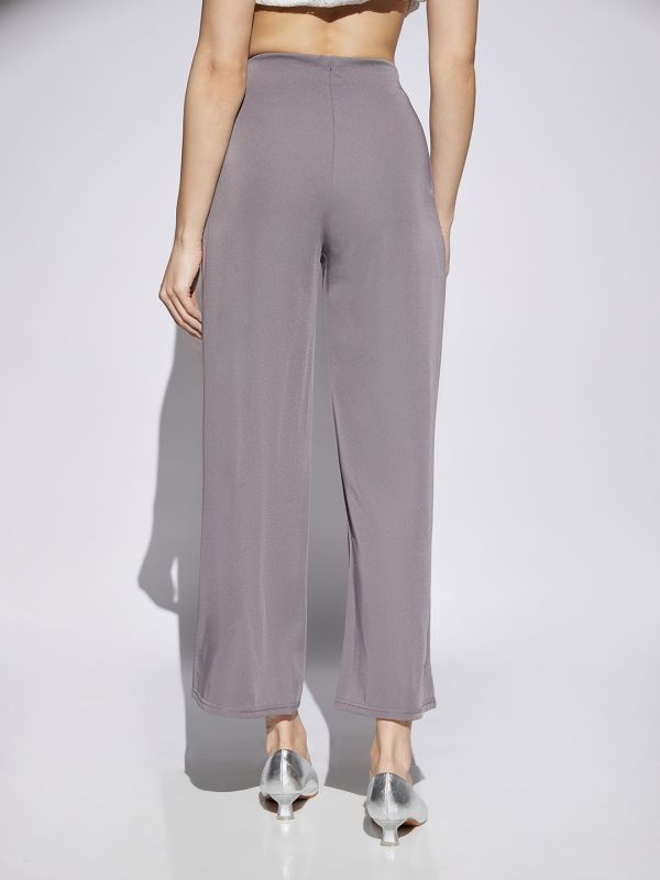 Globus Women Grey Solid Mid Rise Stretchable Wide Leg Cropped Formal Trousers