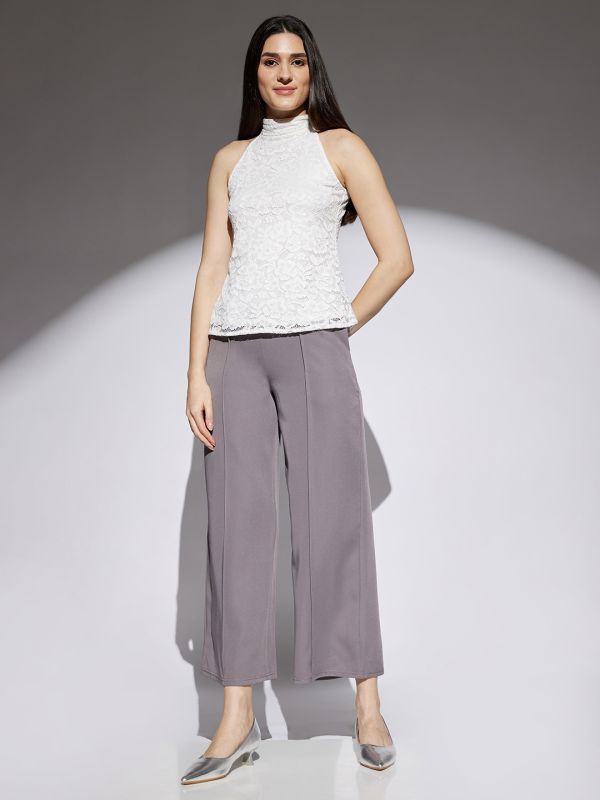 Globus Women Grey Solid Mid Rise Stretchable Wide Leg Cropped Formal Trousers