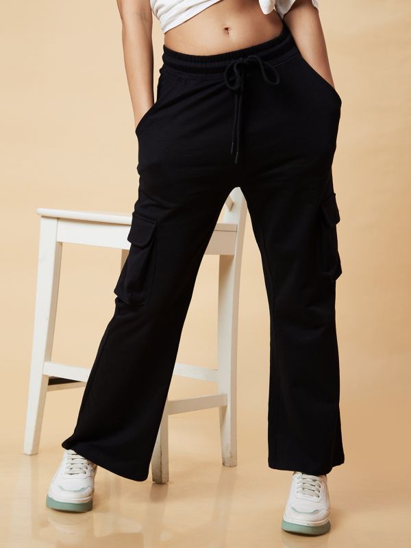 Globus Women Black Solid High-Rise Loose Fit Casual Cargo Trouser