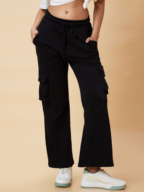 Globus Women Black Solid High-Rise Loose Fit Casual Cargo Trouser