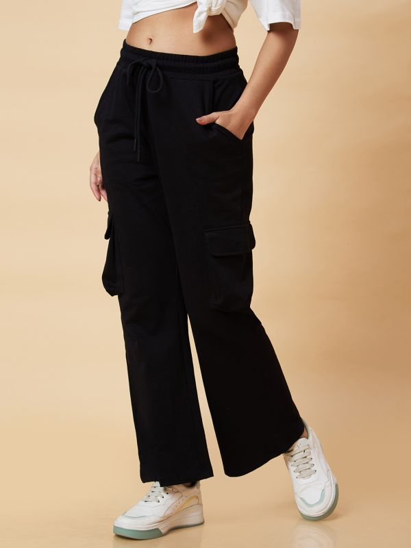 Globus Women Black Solid High-Rise Loose Fit Casual Cargo Trouser