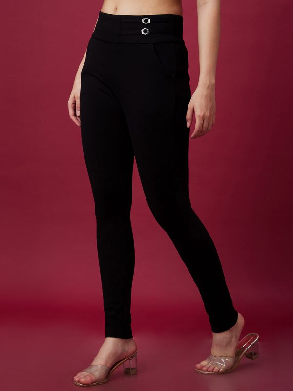 Globus Women Black Stretchable Mid Rise Skinny Fit Treggings With Pockets