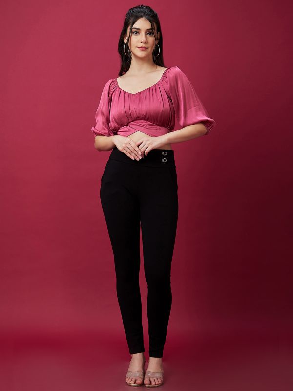 Globus Women Black Stretchable Mid Rise Skinny Fit Treggings With Pockets