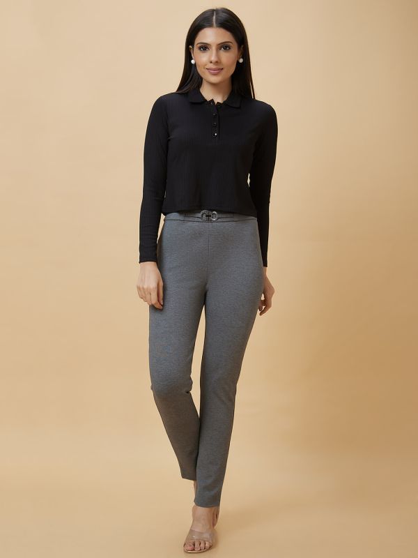Globus Women Charcoal Melange Casual Buckle Detailing Regular Fit Tregging