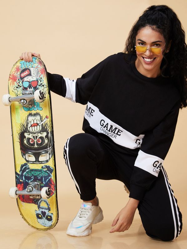 Globus Women Black Typography Printed Boxy Fit Sweatshirt & Side Striped Joggers Co-Ord Set