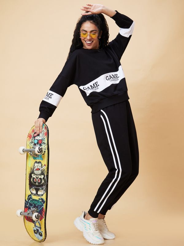Globus Women Black Typography Printed Boxy Fit Sweatshirt & Side Striped Joggers Co-Ord Set