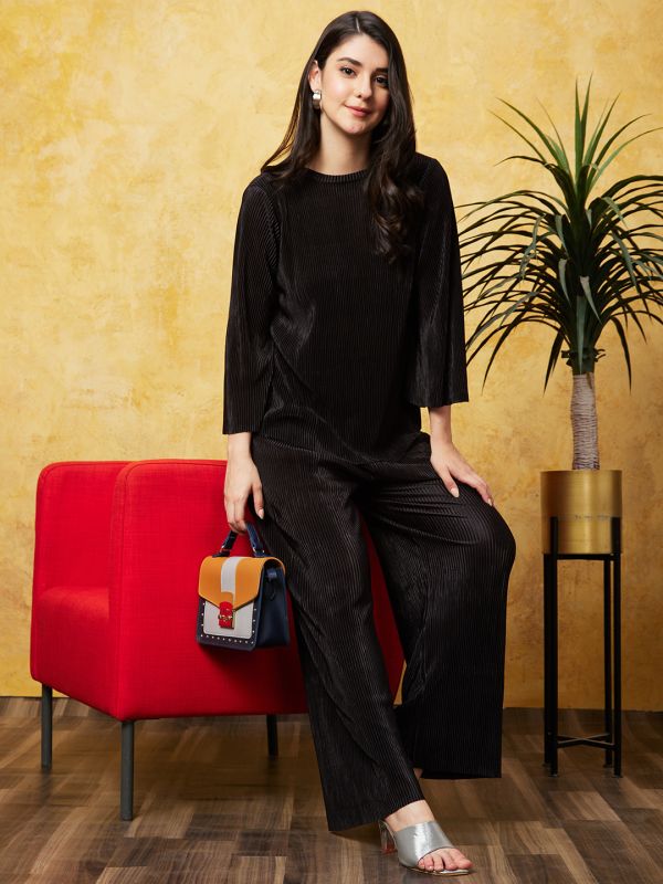 Globus Women Black Solid Casual Coords Set Palazzo