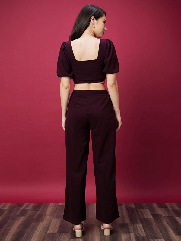 Globus Women Wine Solid Co-Ord Set With Crop Top And Trouser