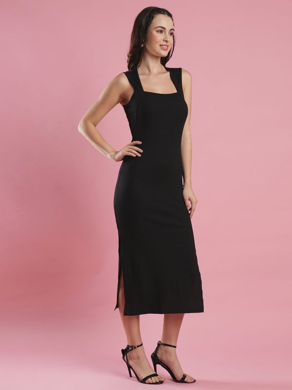 Globus Women Black Square Neck Side Slit Ribbed Midi Bodycon Dress