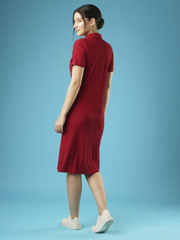 Globus Women Maroon Self Design Shirt Collar Pocket Detail Midi Sheath Dress
